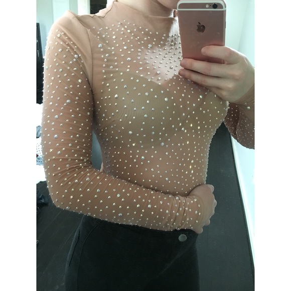 Tops - NEW Nude Mesh Crystal Diamond Long Sleeve Top